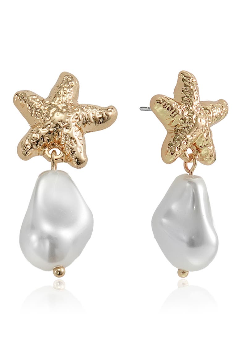 Starfish Faux Pearl Drop Earrings, Main, color, GOLD