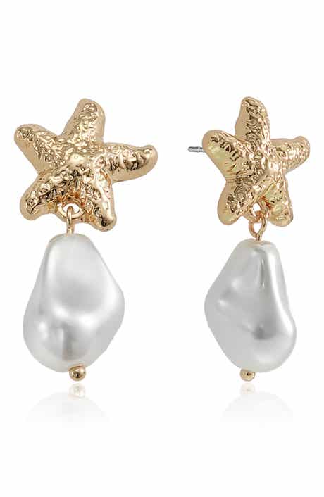 Ettika Starfish Faux Pearl Drop Earrings