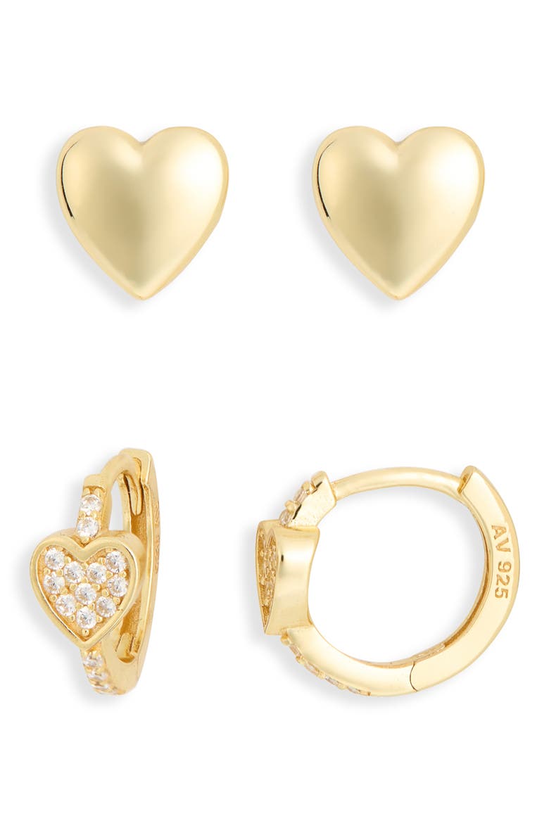 Set of 2 Pavé Cubic Zirconia Heart Stud & Huggie Hoop Earrings, Main, color, GOLD