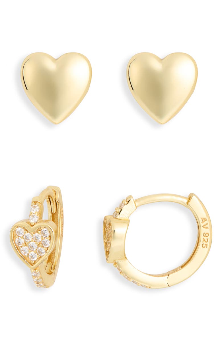Argento Vivo Sterling Silver Set of 2 Pavé Cubic Zirconia Heart Stud & Huggie Hoop Earrings, Main, color, Gold