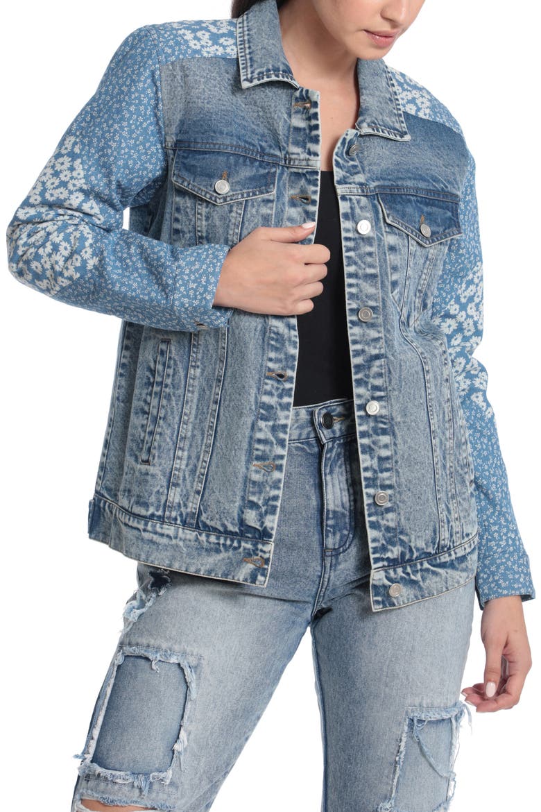 Denim Combo Trucker Jacket, Main, color, LIGHT BLUE-INDIGO FLORAL