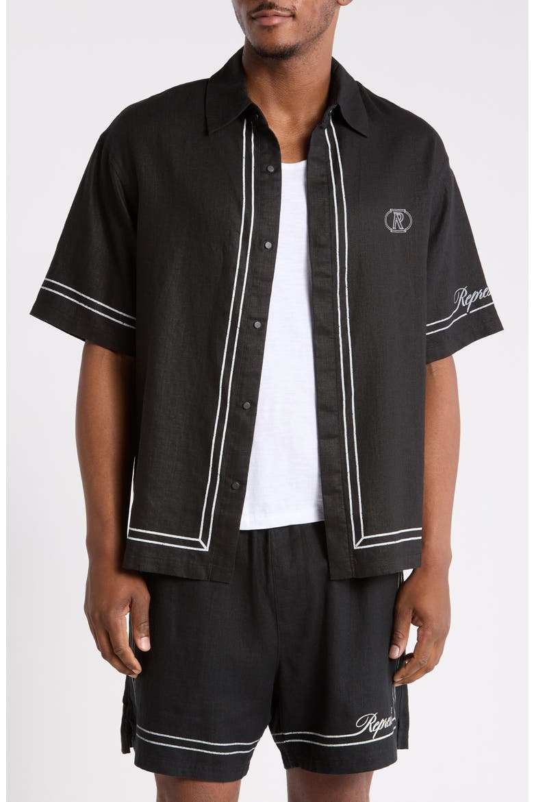 Border Stripe Cotton Button-up Shirt, Main, color, JET BLACK