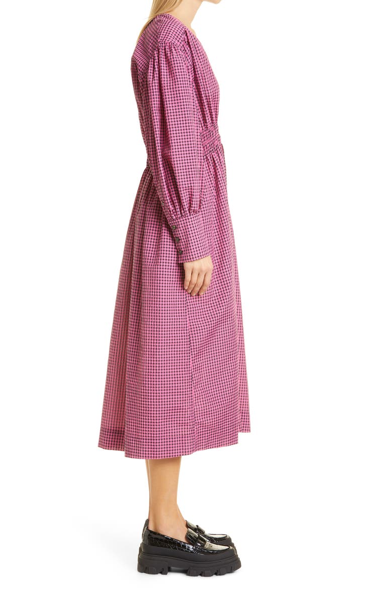 Seersucker Check Long Sleeve V-Neck Dress, Alternate, color, CARMINE ROSE