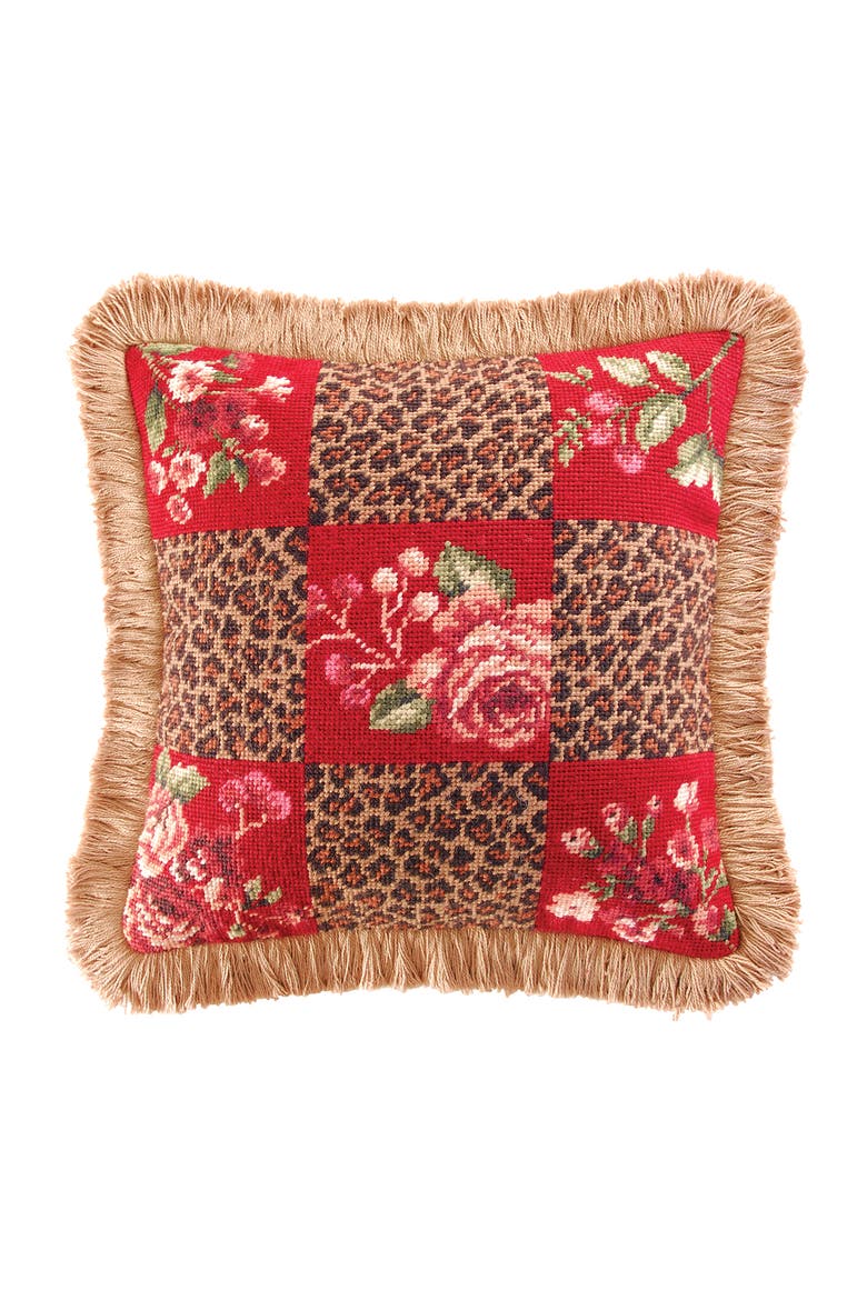 Savannah Check Needlepoint Accent Pillow 14" x 14", Main, color, Red