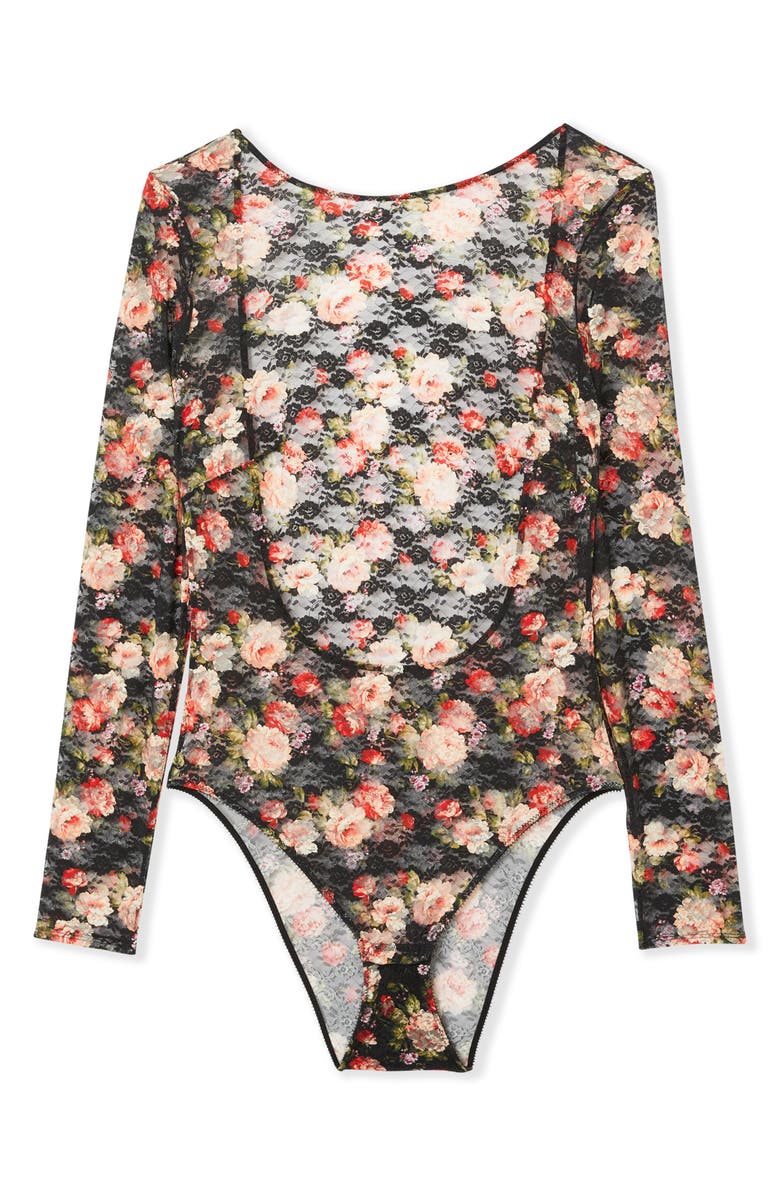 Etam Euphemisme Floral Long Sleeve Bodysuit, Alternate, color, Black