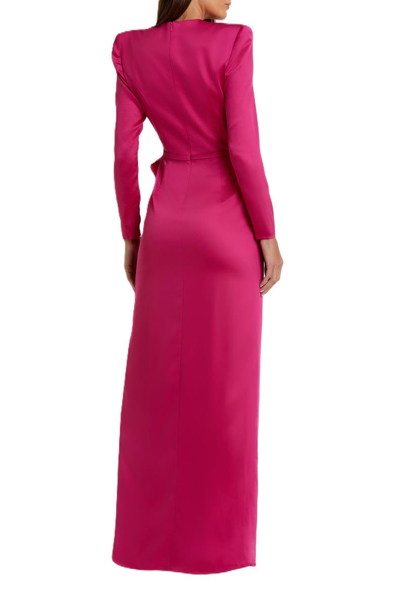 Long Sleeve Structured Bow Draped Column Gown, Main, color, MAGENTA