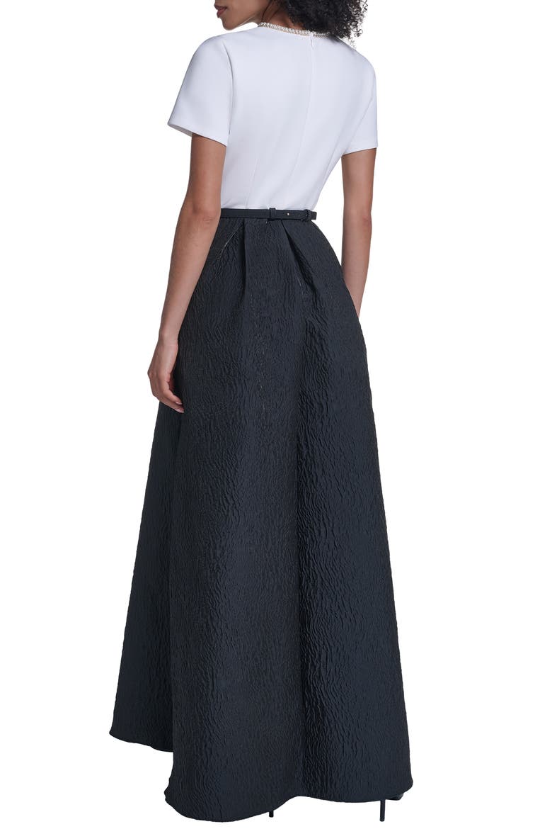 Mixed Media Short Sleeve A-Line Gown, Alternate, color, SOFT WHITE BLACK