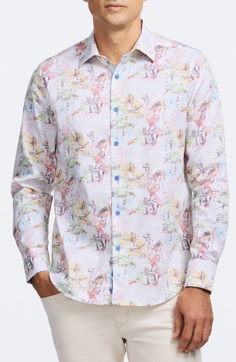 Robert Graham Payson Tropical Villa Print Stretch Cotton Button-Up Shirt, Main, color, Multi White