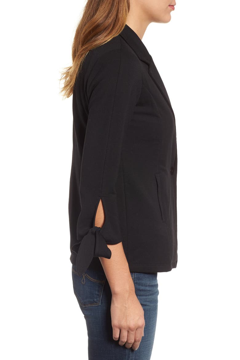 Tie Sleeve Stretch Knit Blazer, Alternate, color, BLACK