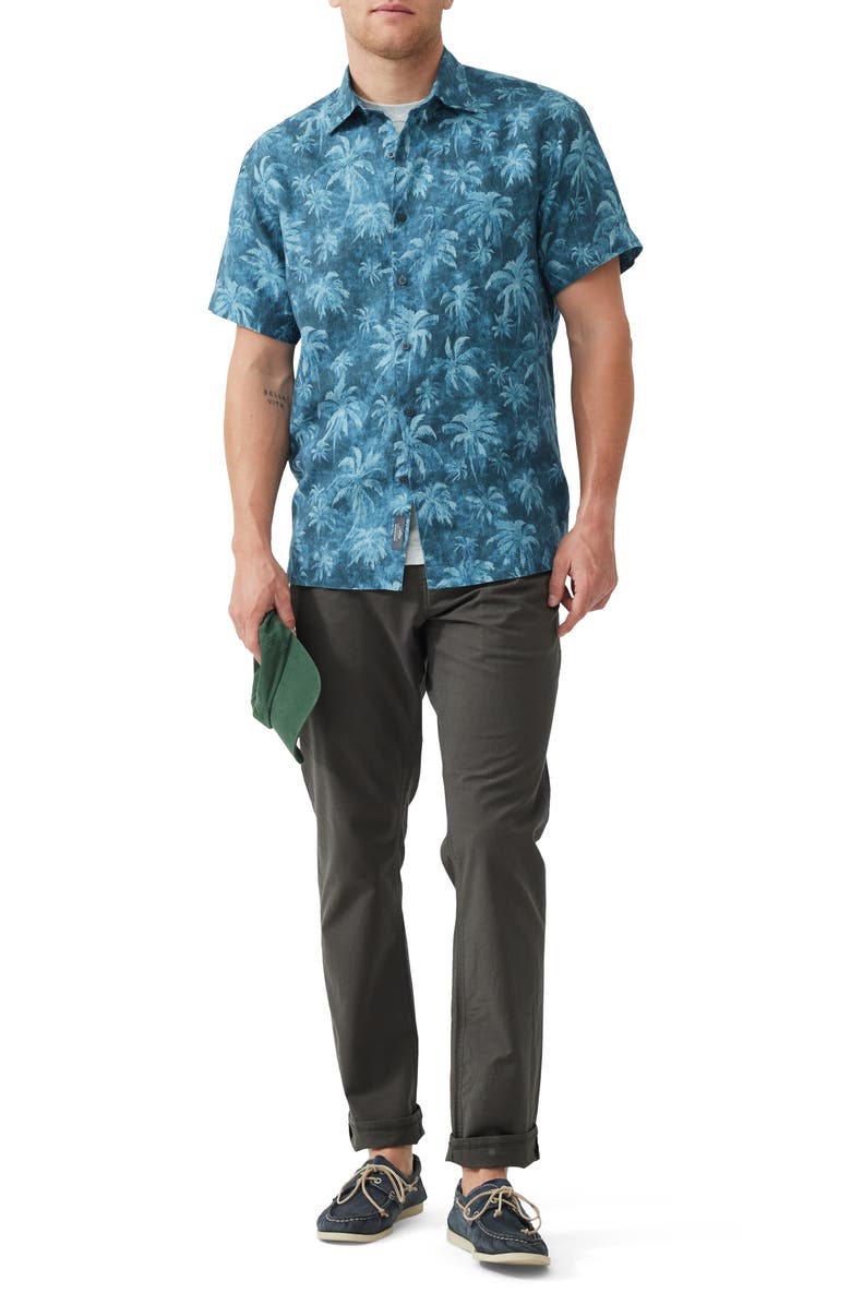 Rodd & Gunn Destiny Bay Palm Tree Print Short Sleeve Linen Button-Up Shirt, Alternate, color, Teal