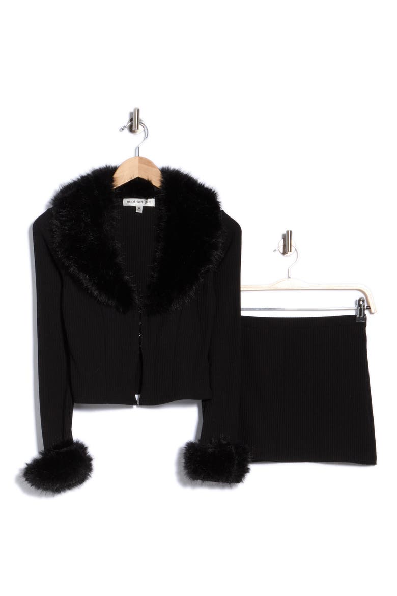Faux Fur Trim 2-Piece Cardigan & Skirt Set, Alternate, color, BLACK