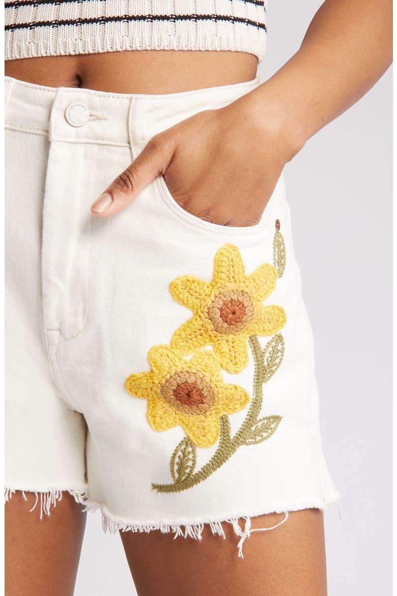 Sunflower Crochet Embroidered Denim Shorts, Alternate, color, RAY OF SUNSHINE