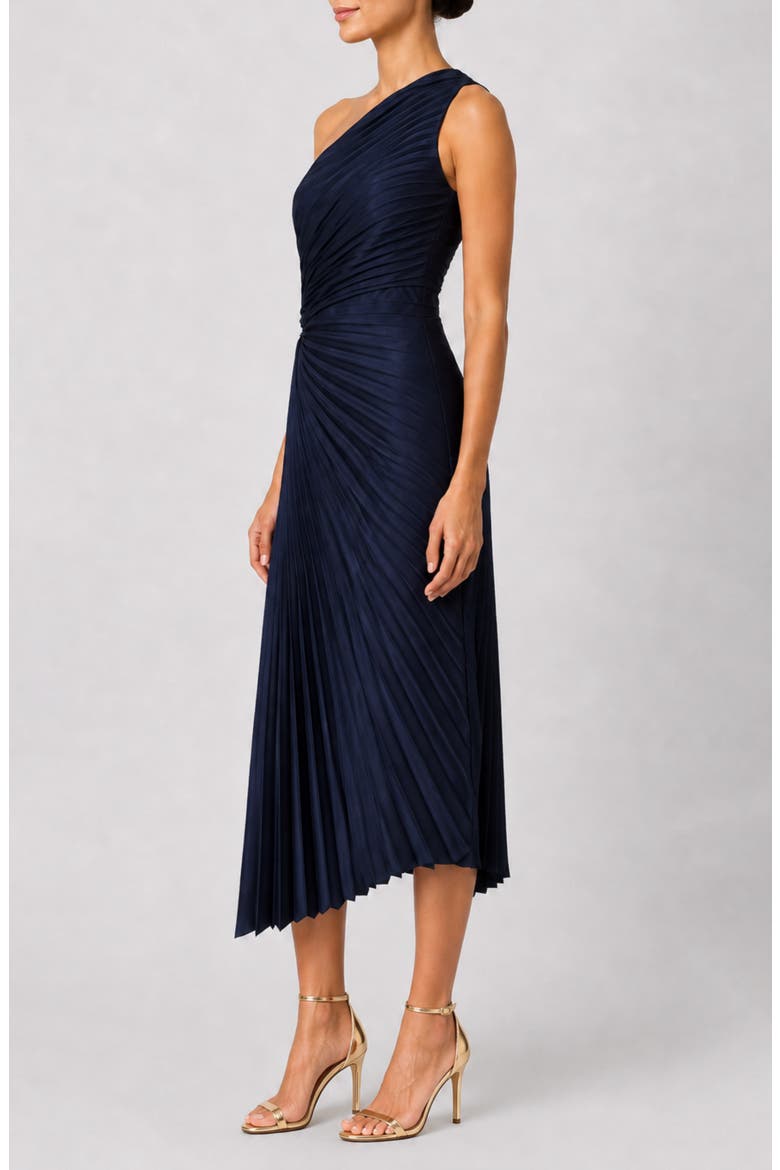 Satin Pleat One Shoulder Midi Dress, Alternate, color, DEEP NAVY