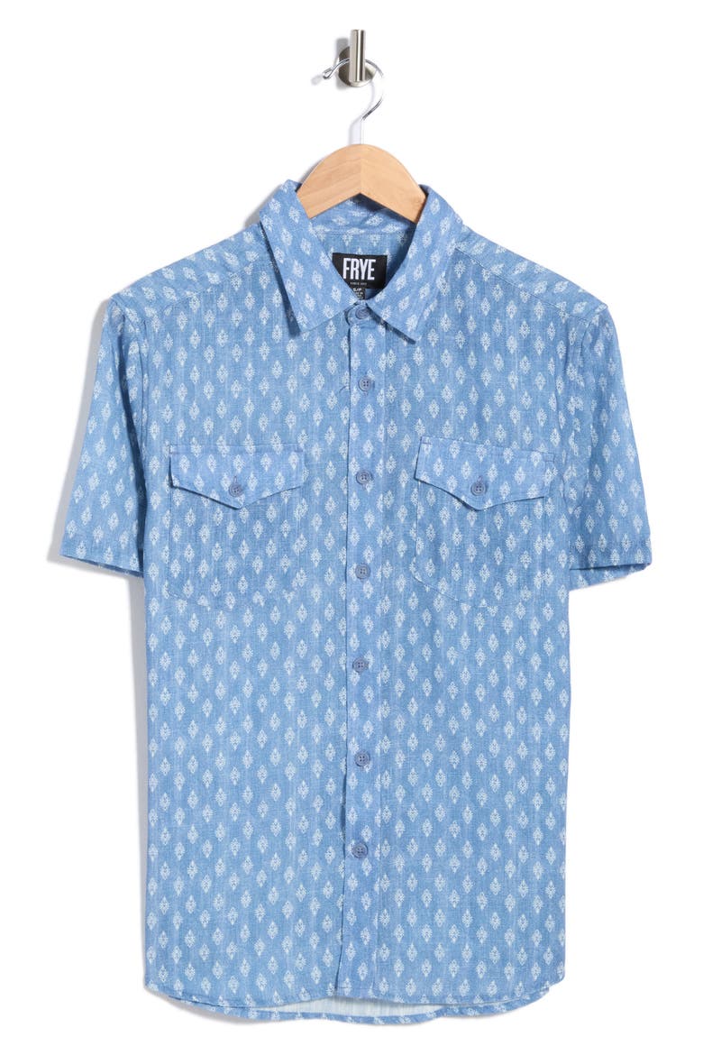 Geometric Print Short Sleeve Button-Up Shirt, Alternate, color, VINTAGE INDIGO