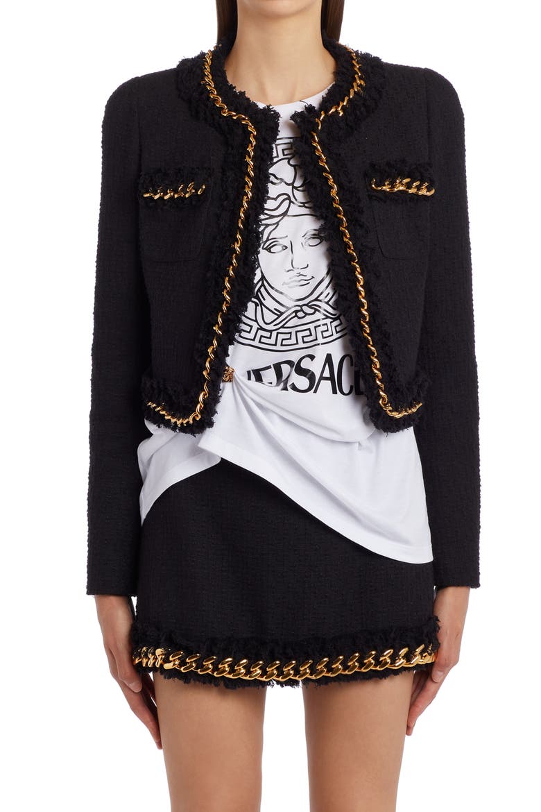 Chain Detail Crop Tweed Jacket, Main, color, BLACK
