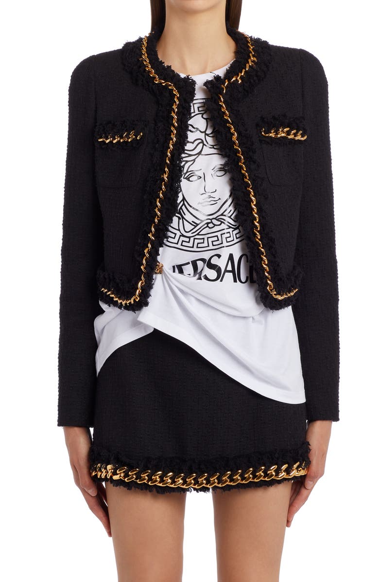 Versace Chain Detail Crop Tweed Jacket, Main, color,