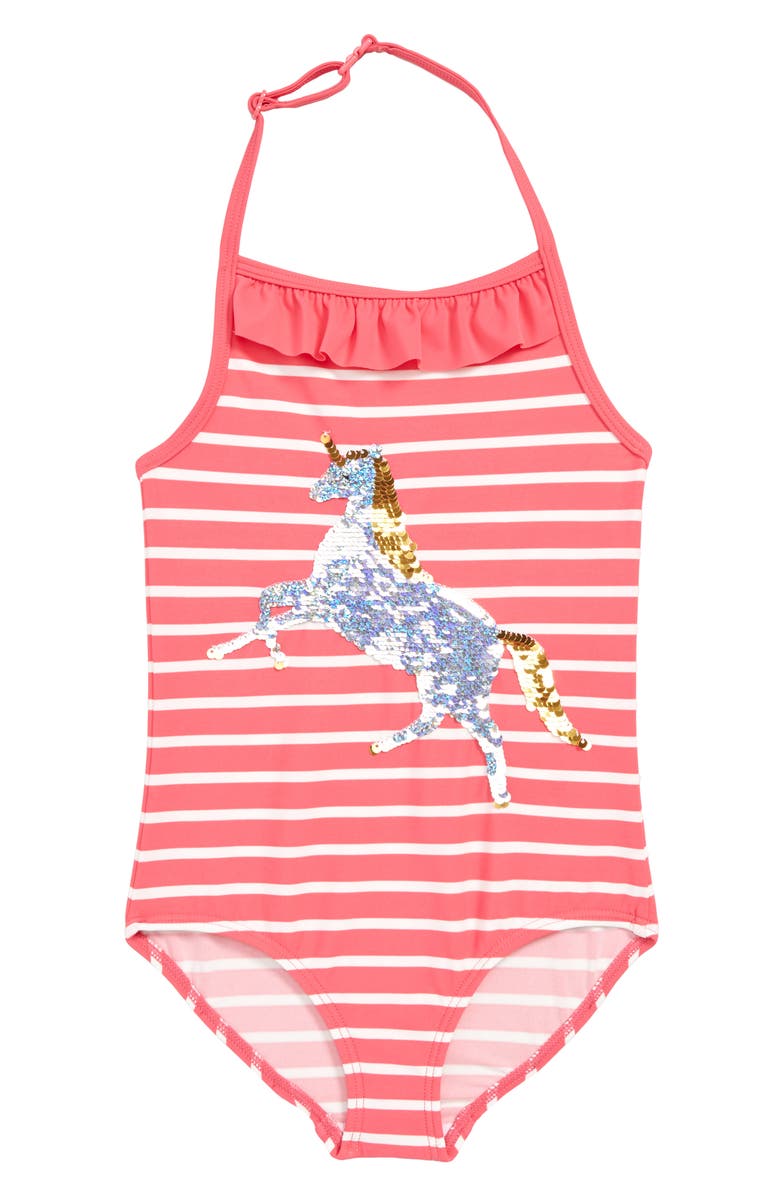 Boden Mini Boden Flip Sequin Unicorn One-Piece Swimsuit, Main, color, 