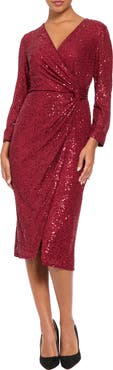 London Times Side Twist Sequin Long Sleeve Midi Dress