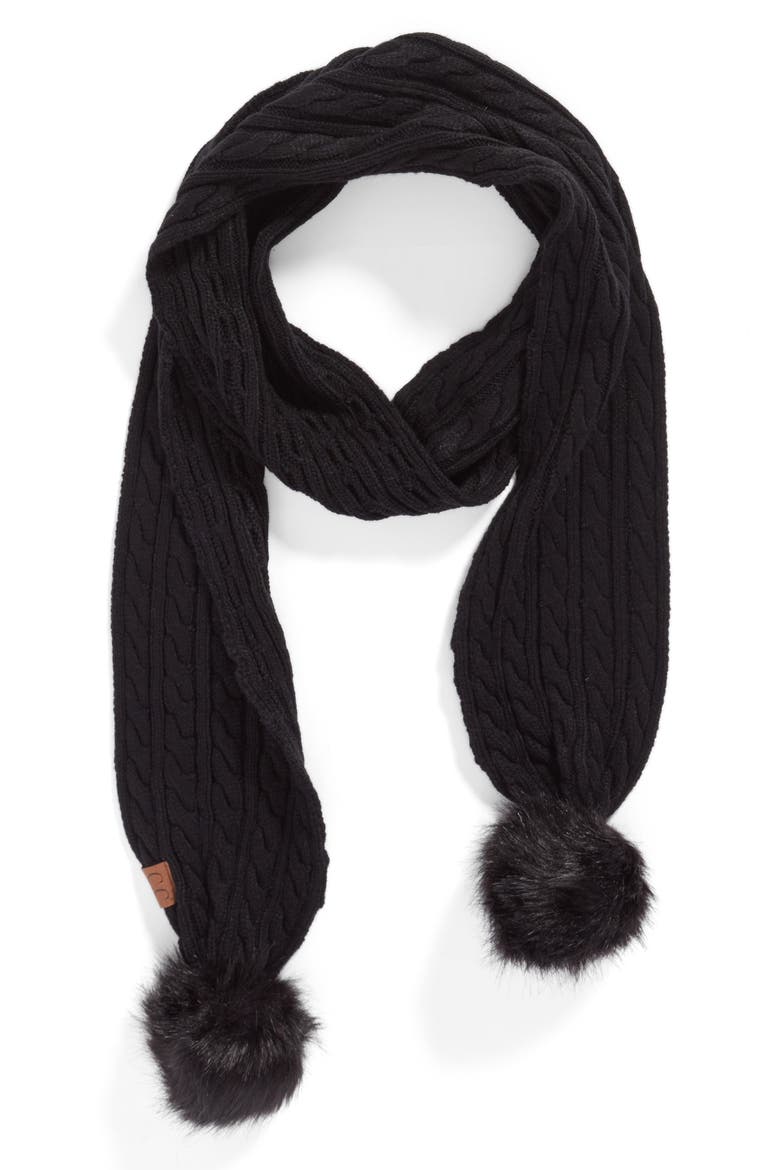 CC Faux Fur Pompom Knit Scarf, Alternate, color, BLACK