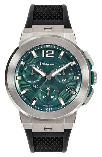 Ferragamo F-80 Titanium Tech Silicone Watch In Titanium Black/green