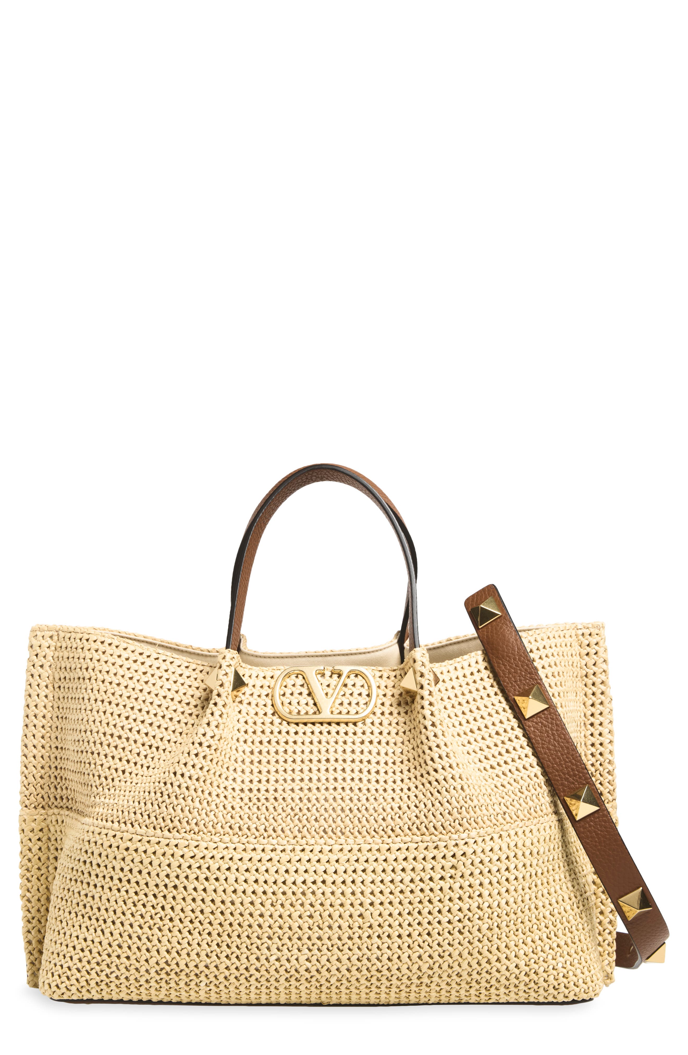 Medium VLOGO Signature Straw & Leather Tote, Main, color, NATURAL MULTI