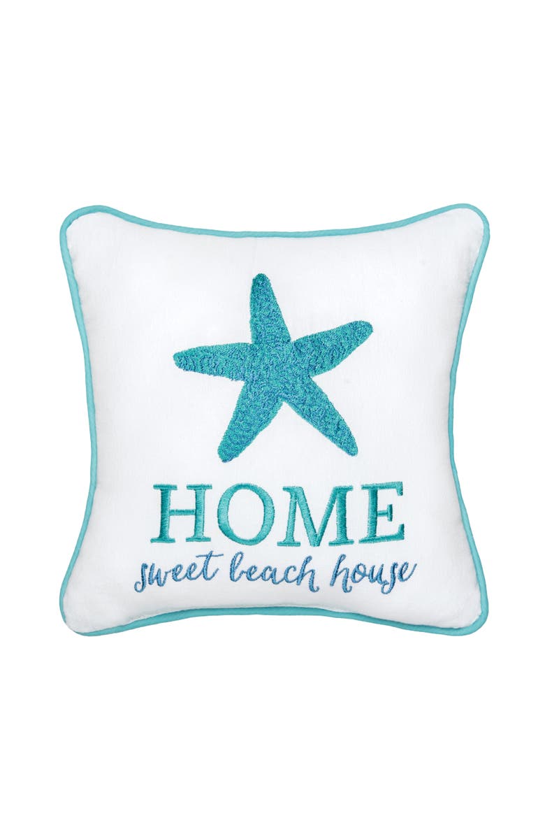 "Home Sweet Beach House" Starfish Mini Cotton Blend Accent Pillow 10" x 10", Main, color, Blue
