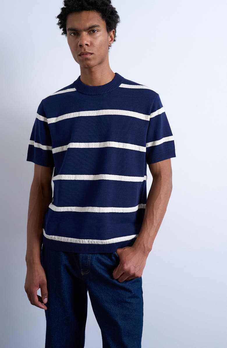 Topman Textured Stripe Short Sleeve Crewneck Sweater, Main, color, Navy