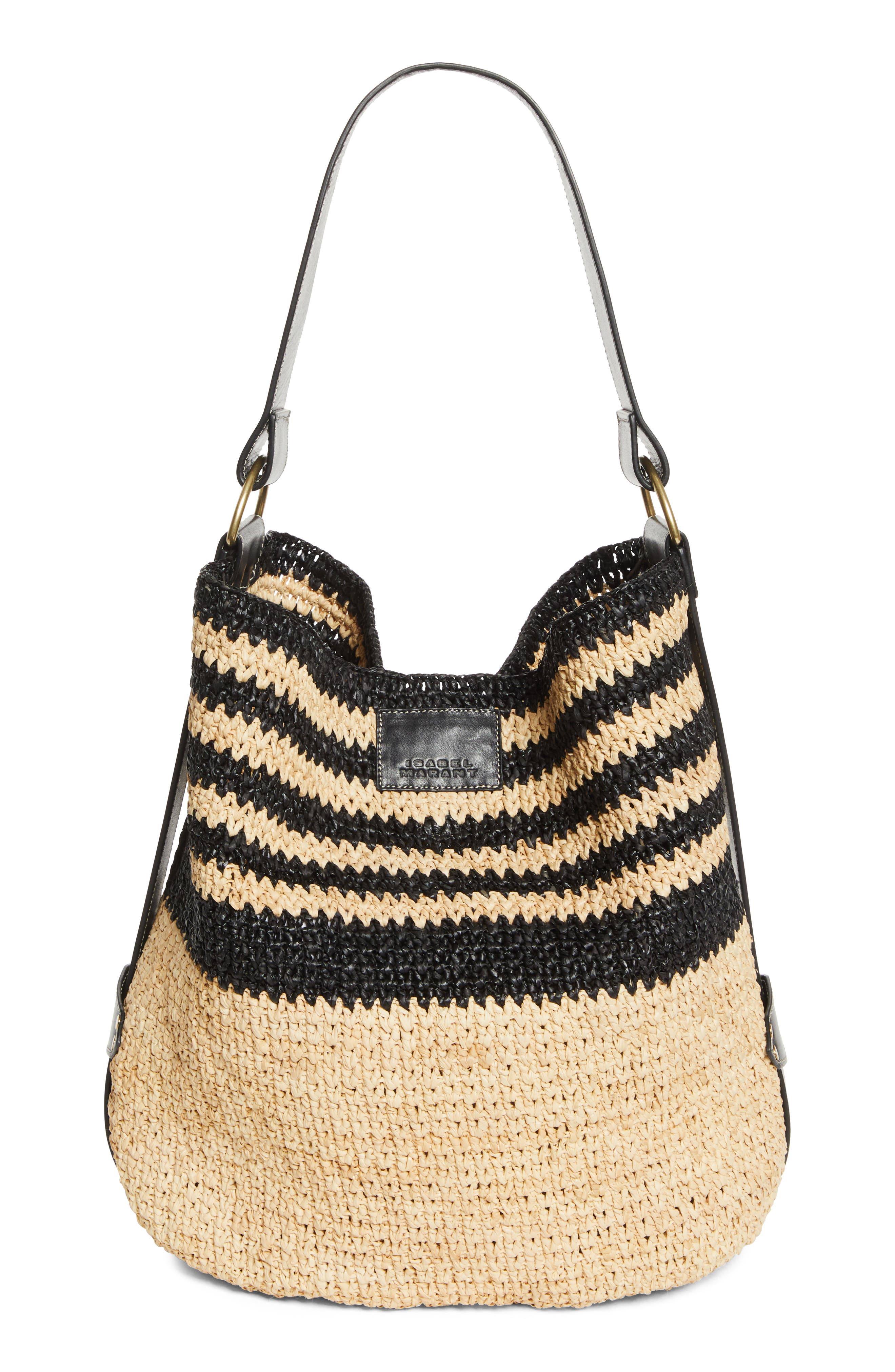 Isabel Marant Bayia Stripe Raffia Hobo Bag, Main, color, Black/ Natural