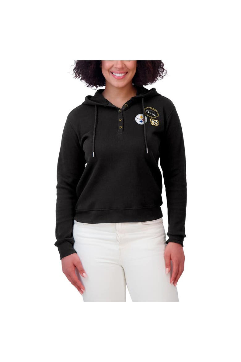 Women's WEAR by Erin Andrews  Black Pittsburgh Steelers Waffle Hoodie Pullover Top, Alternate, color, Black