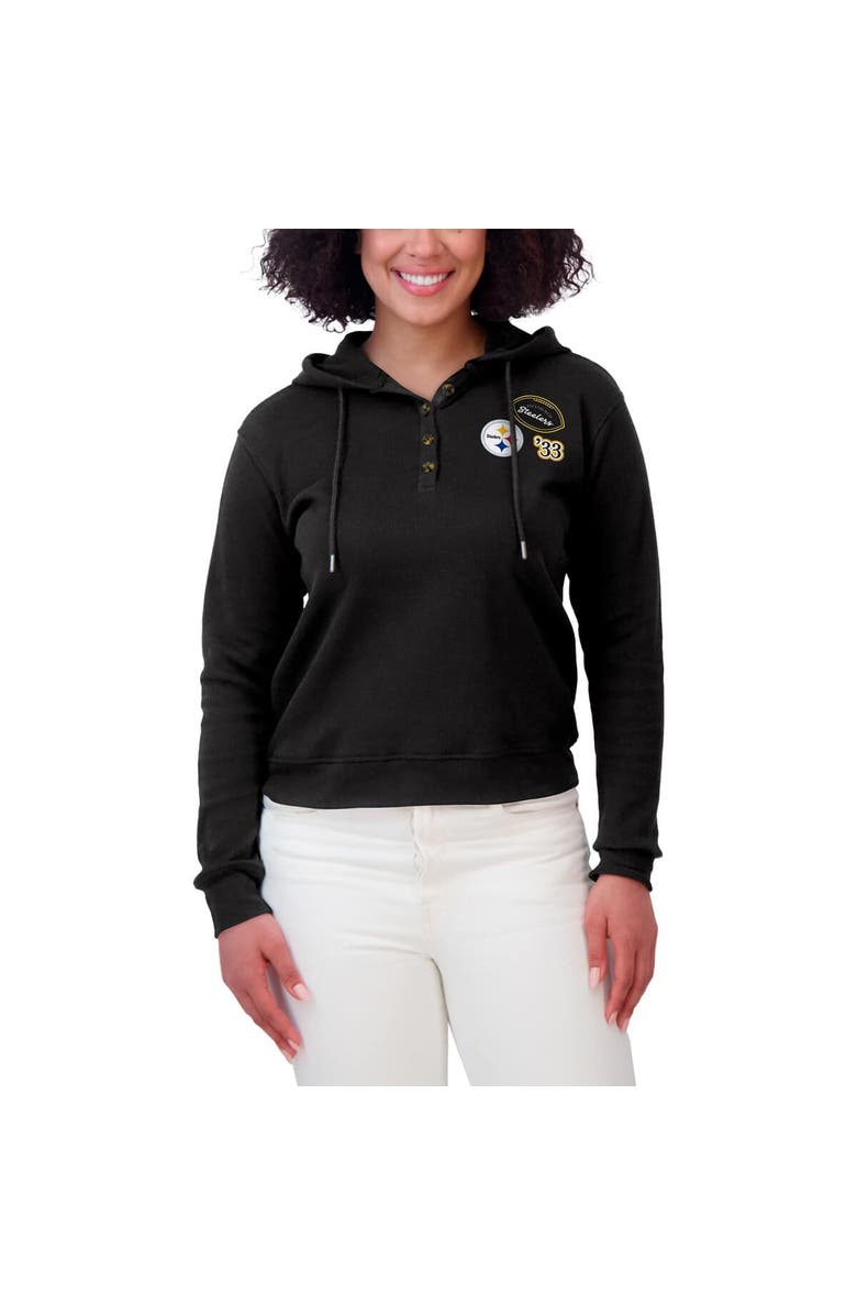 WEAR by Erin Andrews Women's WEAR by Erin Andrews Black Pittsburgh Steelers Waffle Hoodie Pullover Top, Alternate, color, Black