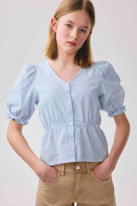 Puff-sleeved Cotton Seersucker Blouse