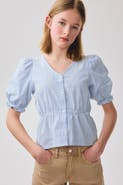 H&M Puff-sleeved Cotton Seersucker Blouse