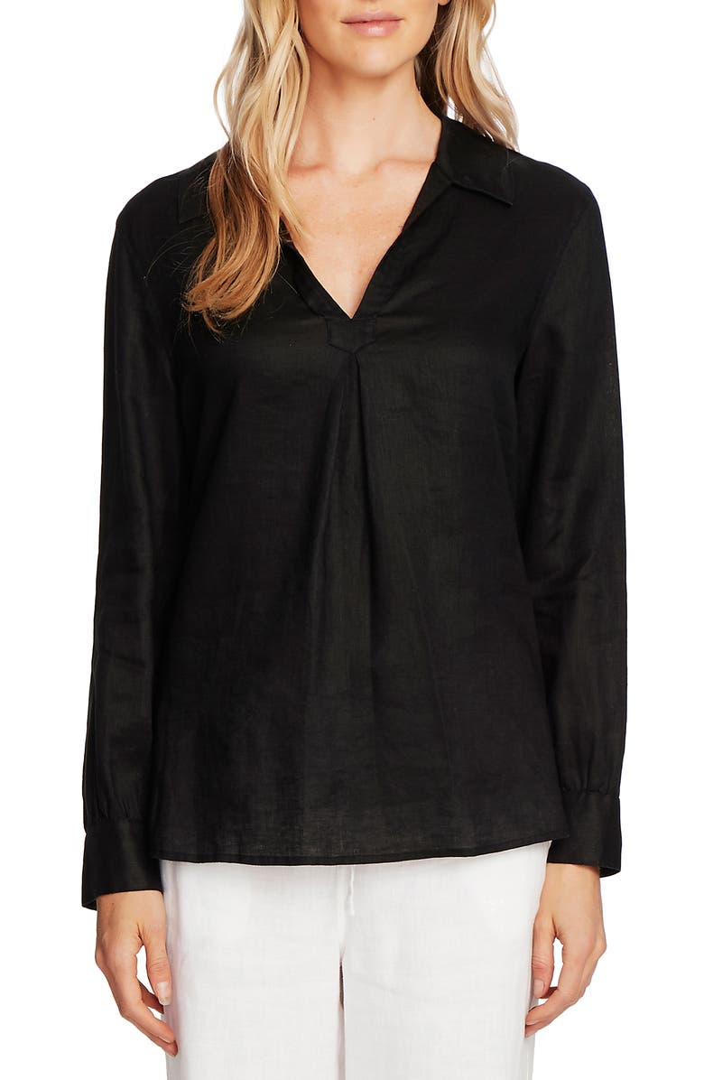 Vince Camuto Split Neck Linen Blouse, Alternate, color, 