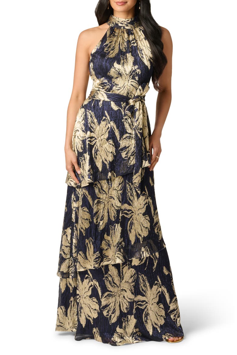 Floral Metallic Plissé Gown, Main, color, NAVY/ GOLD