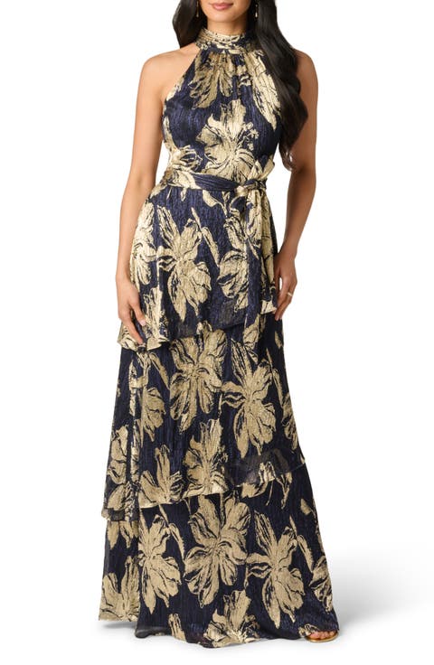 Floral Metallic Plissé Gown