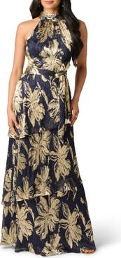 Adrianna Papell Floral Metallic Plissé Gown