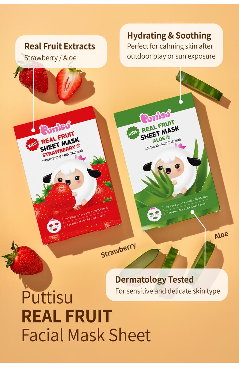 Puttisu Real Fruit Facial Mask Sheet for Kids, Alternate, color, Strawberry - 30 Sheets