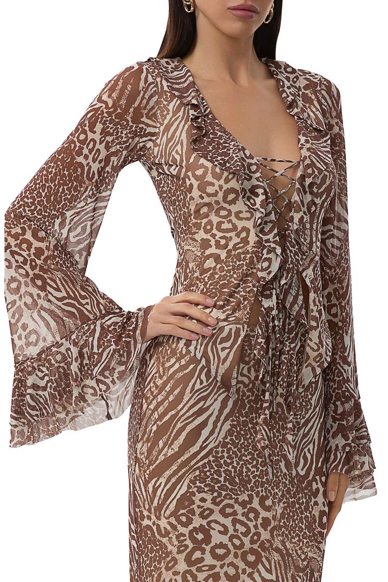 Cadence Lace-Up Long Sleeve Top, Alternate, color, TAUPE ANIMAL