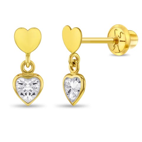 14k CZ Heart Dangle Girl Earrings