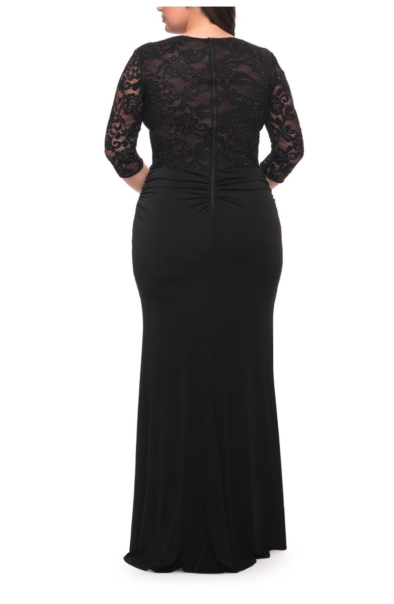 La Femme Jersey Plus Dress with Lace Sleeves and Back, Alternate, color, Black