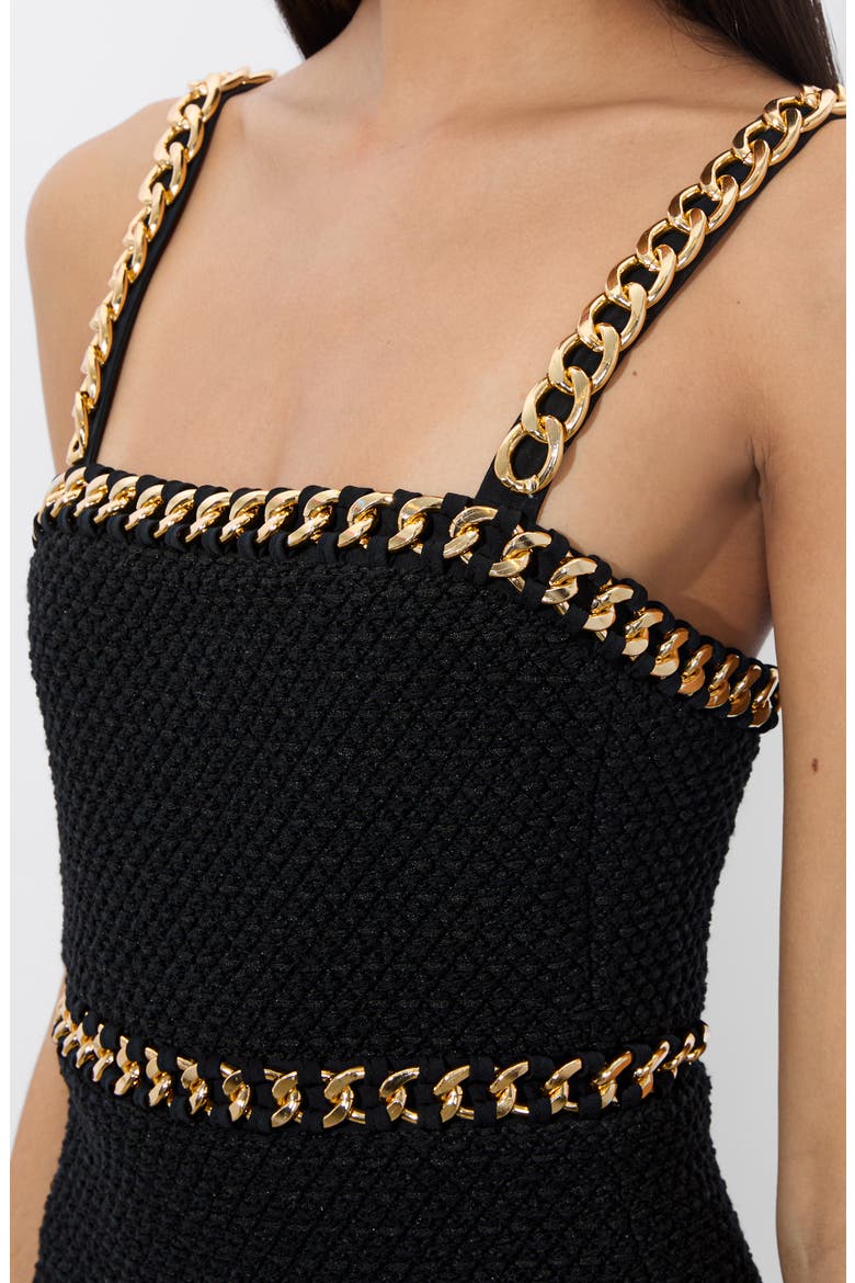Kelly Chain Detail Bouclé Tweed Minidress, Alternate, color, BLACK