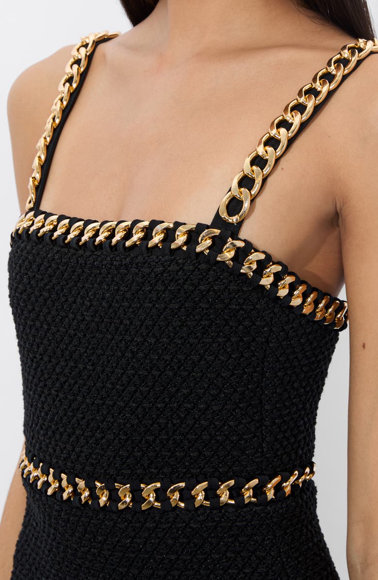 Alice + Olivia Kelly Chain Detail Bouclé Tweed Minidress, Alternate, color, Black