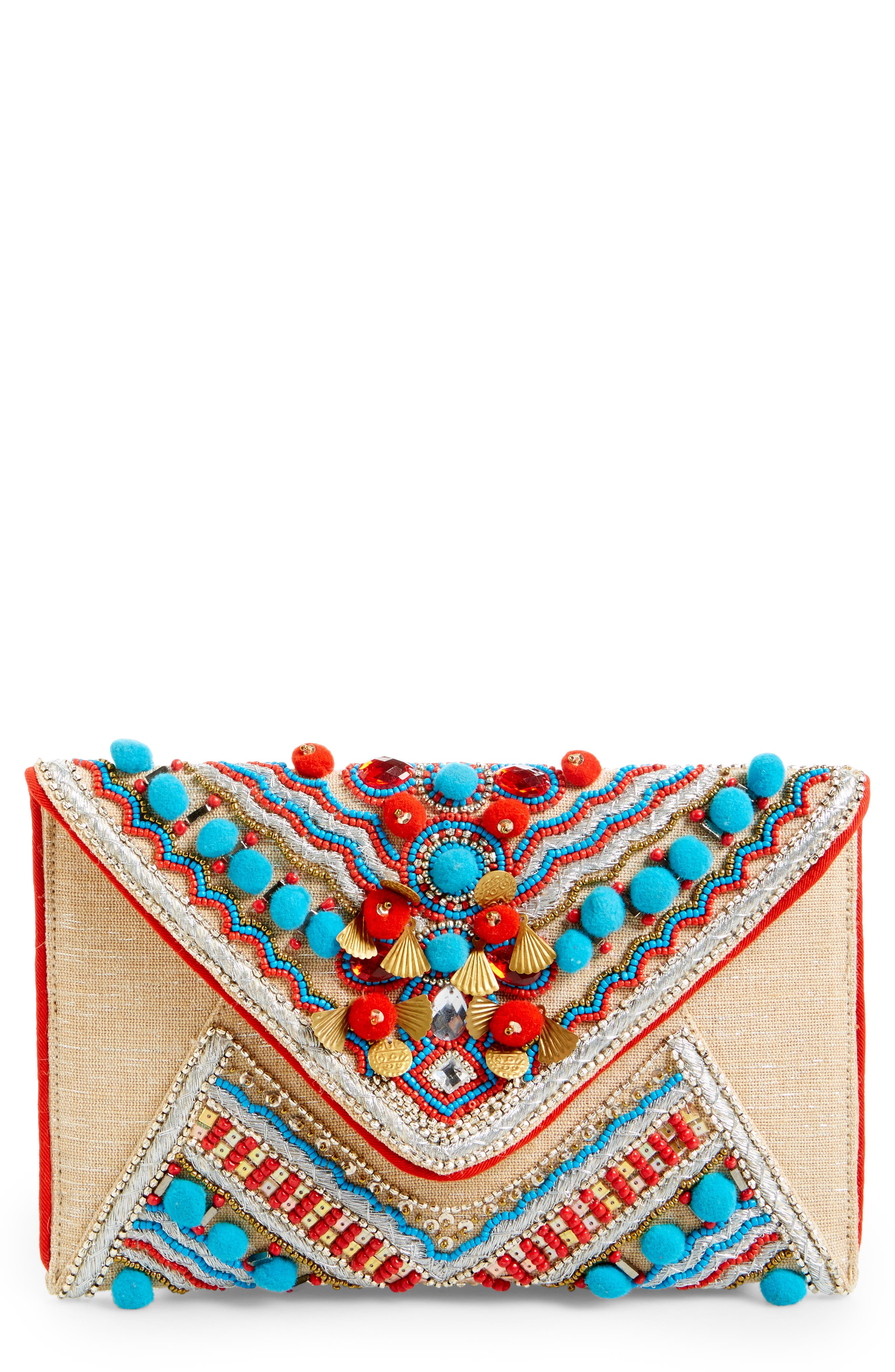 Beaded Envelope Clutch, Main, color, NATURAL
