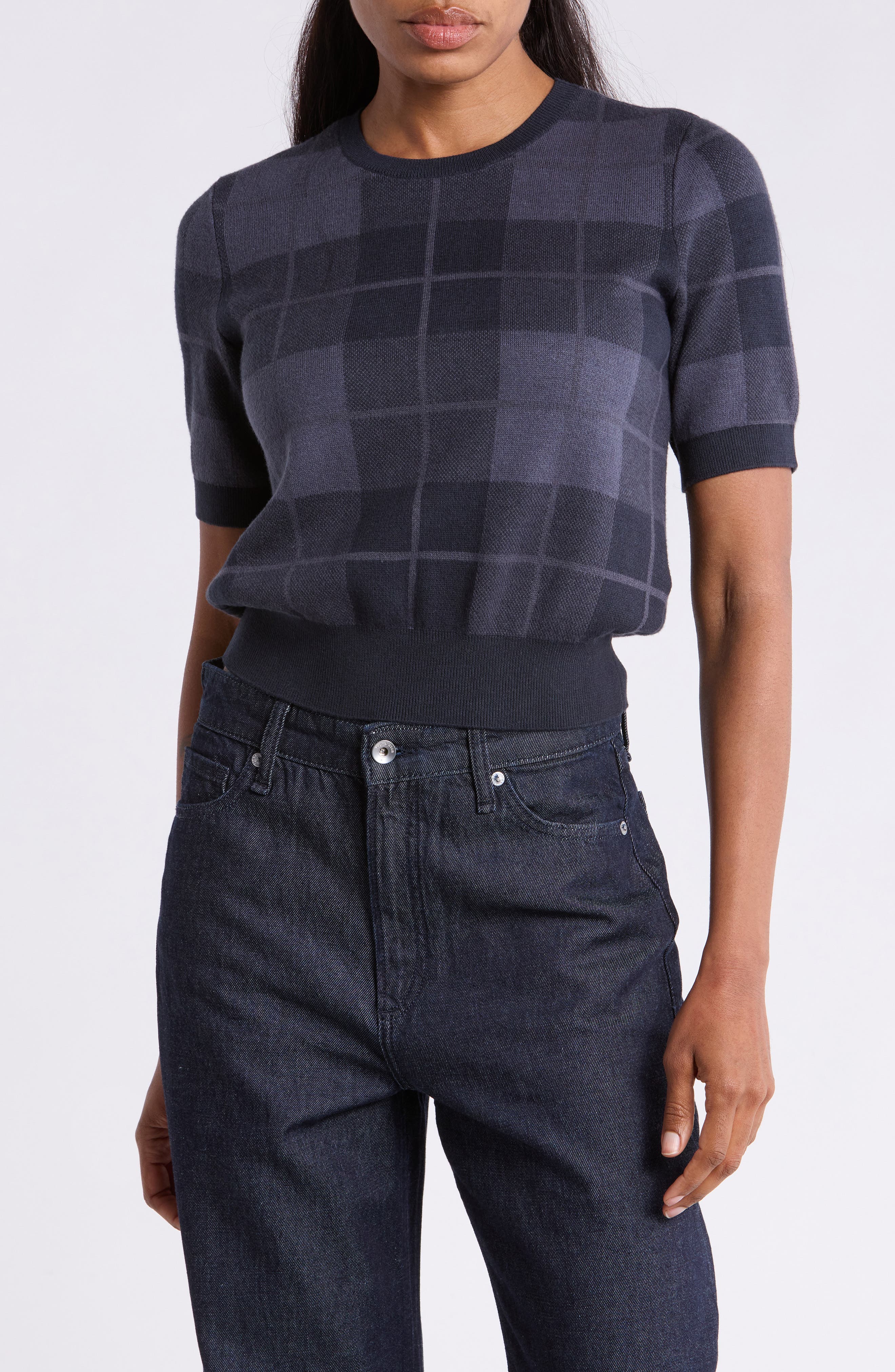 Ren Jacquard Plaid Short Sleeve Sweater