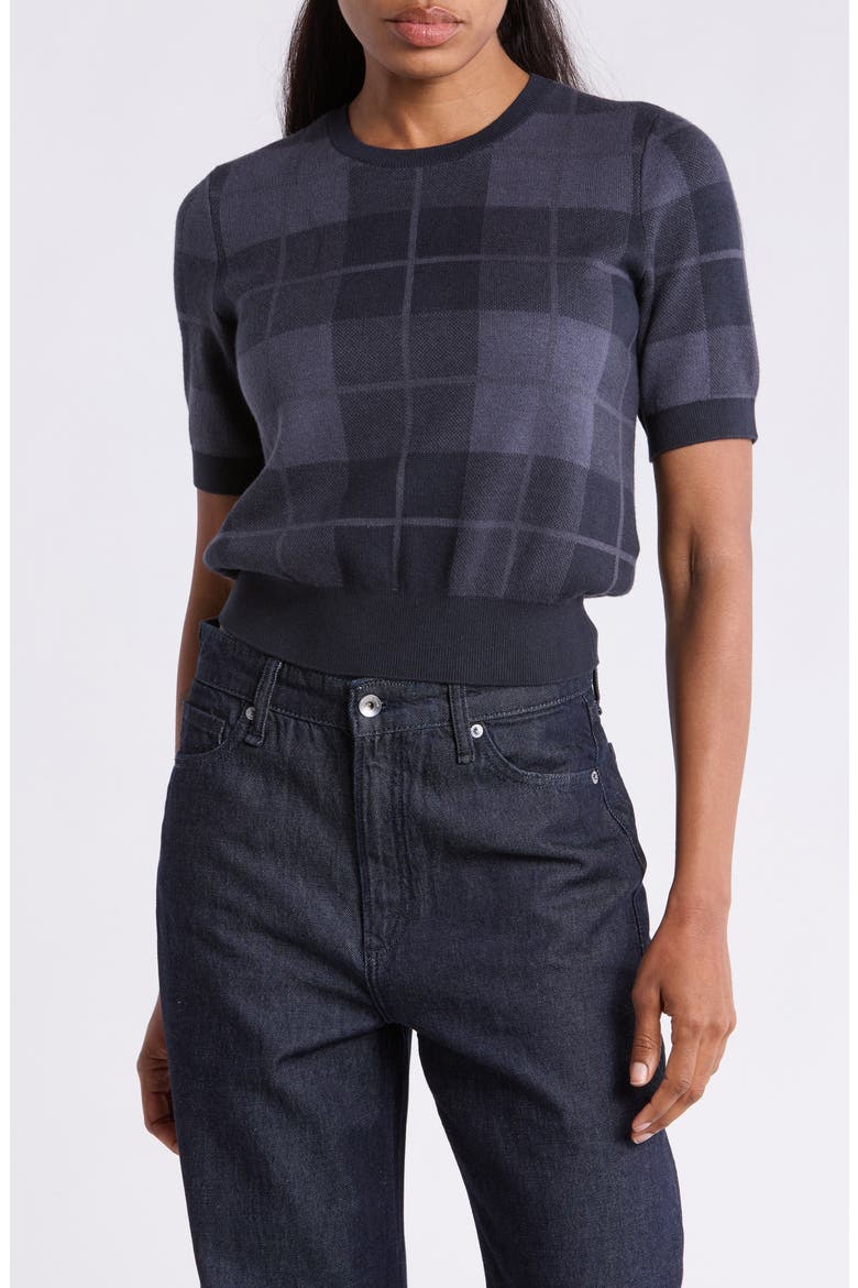 Ren Jacquard Plaid Short Sleeve Sweater, Main, color, FADED NAVY