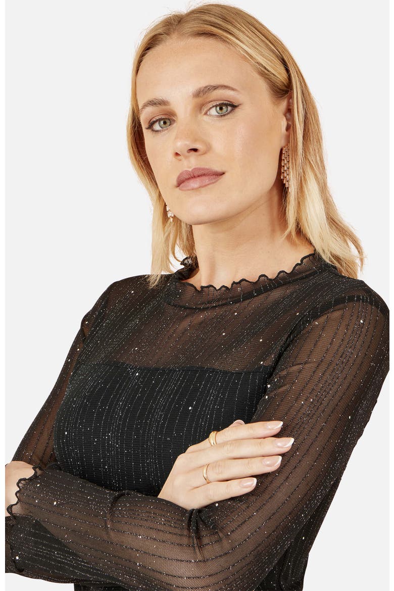Sparkle Print Mesh Stretch Fitted Top, Alternate, color, Black