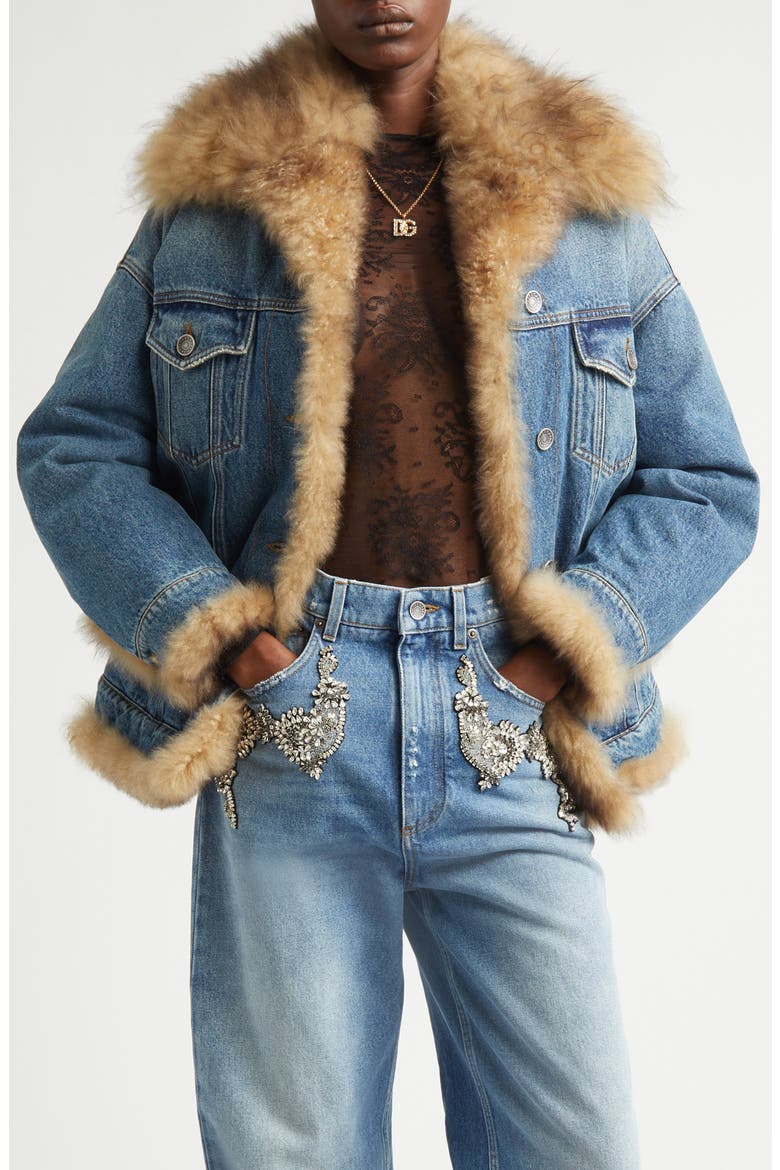 Genuine Shearling Lined Denim Trucker Jacket, Main, color, VARIANTE ABBINATA