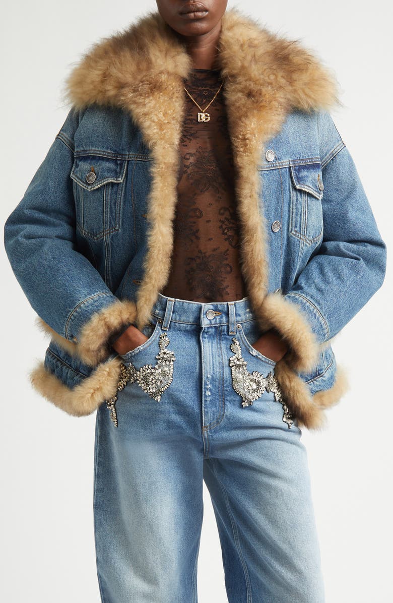 Dolce&Gabbana Genuine Shearling Lined Denim Trucker Jacket, Main, color, Variante Abbinata