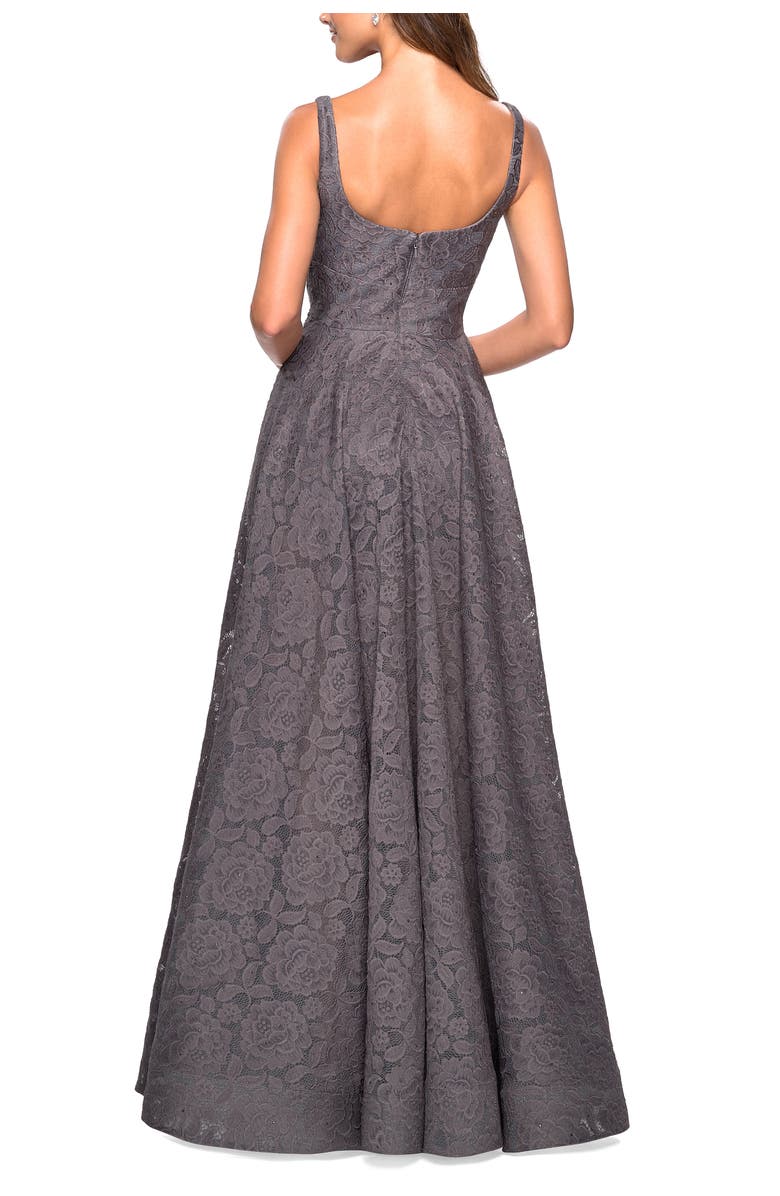 La Femme Long Lace Prom Dress with Attached Shorts, Alternate, color, Gunmetal