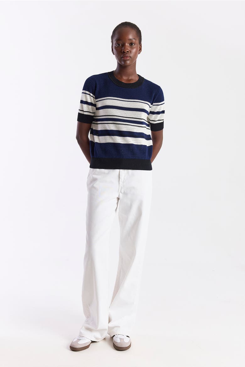 Textured Stripe Crewneck Top, Alternate, color, Navy/Ivory, Black